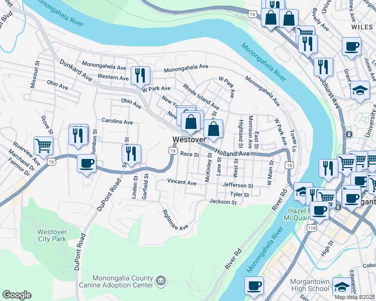 map of restaurants, bars, coffee shops, grocery stores, and more near in Westover