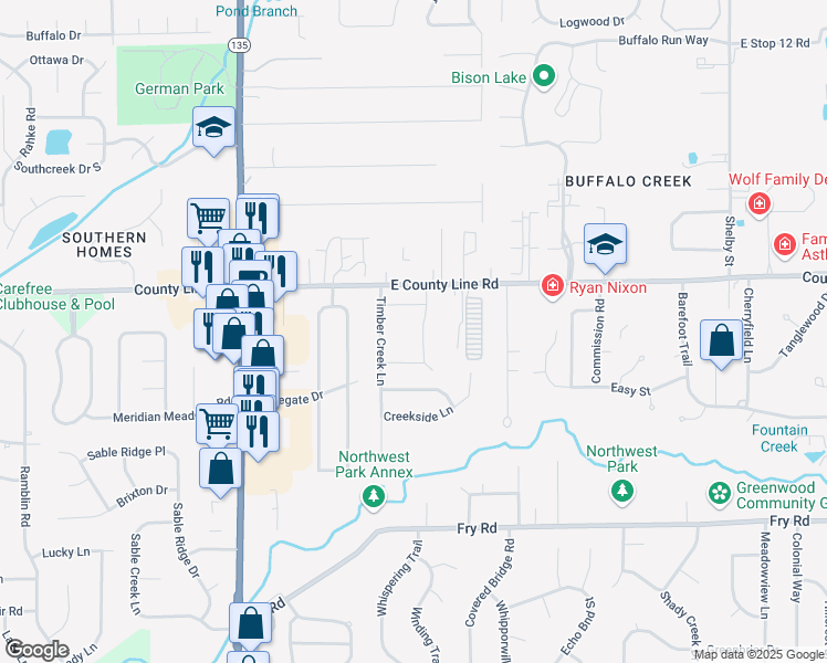 map of restaurants, bars, coffee shops, grocery stores, and more near 1283 Stonehedge East Drive in Greenwood