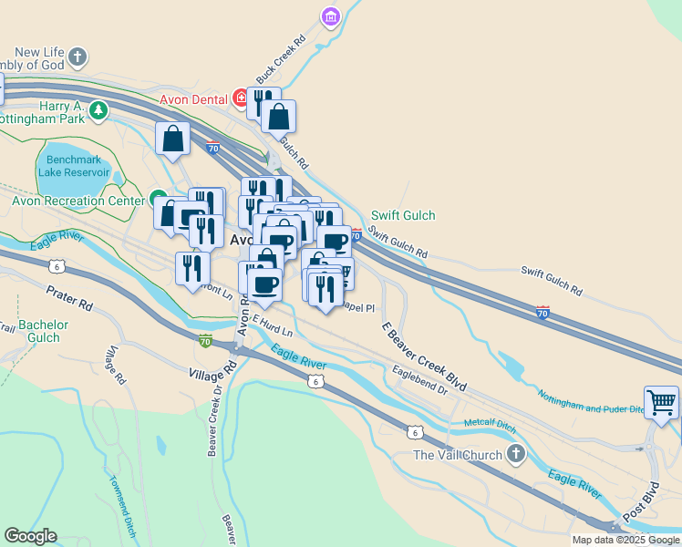 map of restaurants, bars, coffee shops, grocery stores, and more near 72 East Beaver Creek Boulevard in Avon
