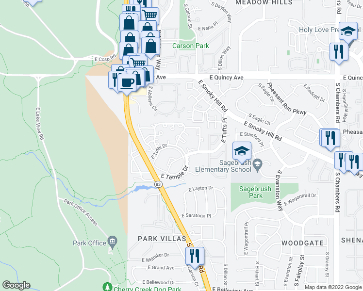 map of restaurants, bars, coffee shops, grocery stores, and more near 21663 East Stanford Circle in Aurora