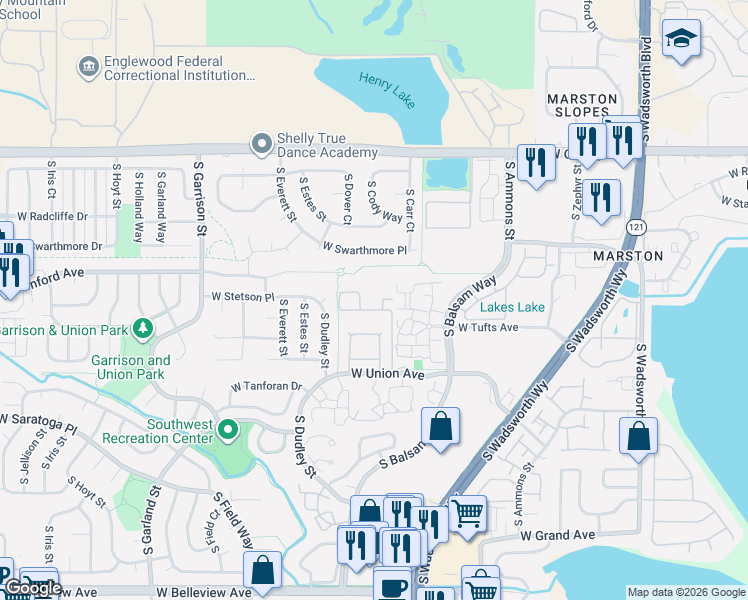 map of restaurants, bars, coffee shops, grocery stores, and more near 8700 West Stanford Avenue in Denver
