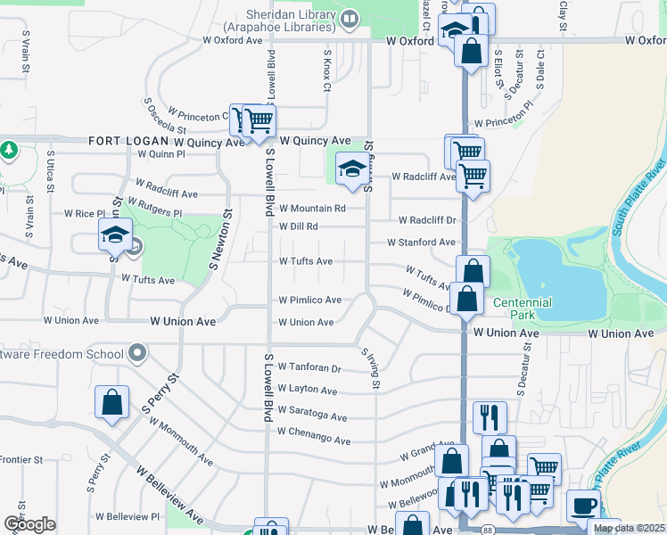 map of restaurants, bars, coffee shops, grocery stores, and more near 4585 South Julian Street in Englewood