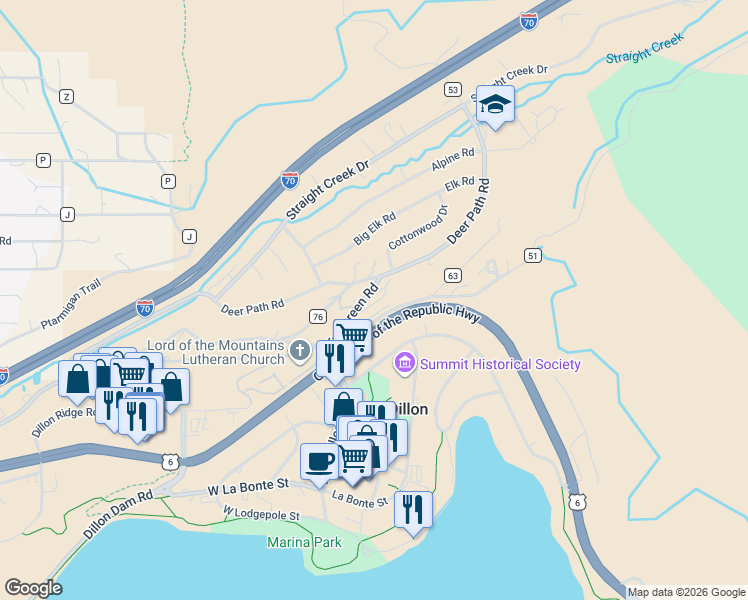 map of restaurants, bars, coffee shops, grocery stores, and more near 169 Evergreen Road in Montezuma