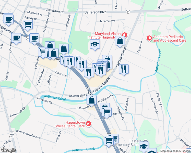 map of restaurants, bars, coffee shops, grocery stores, and more near 31 Eastern Boulevard North in Hagerstown