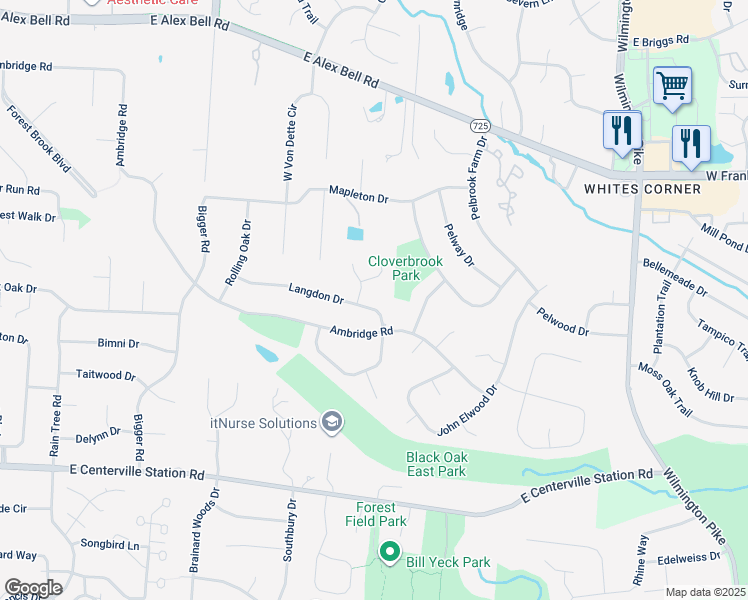 map of restaurants, bars, coffee shops, grocery stores, and more near 7590 New London Circle in Centerville