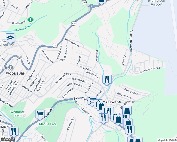 map of restaurants, bars, coffee shops, grocery stores, and more near 1269 Central Avenue in Morgantown