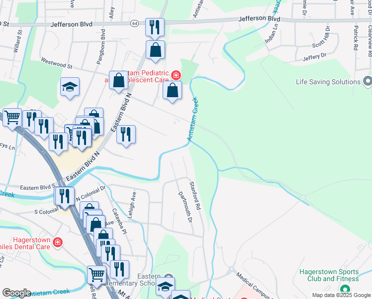 map of restaurants, bars, coffee shops, grocery stores, and more near 7 Whittier Heights in Hagerstown