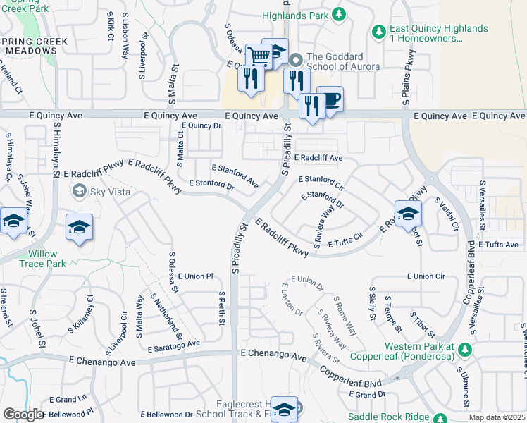map of restaurants, bars, coffee shops, grocery stores, and more near 21663 East Stanford Circle in Aurora