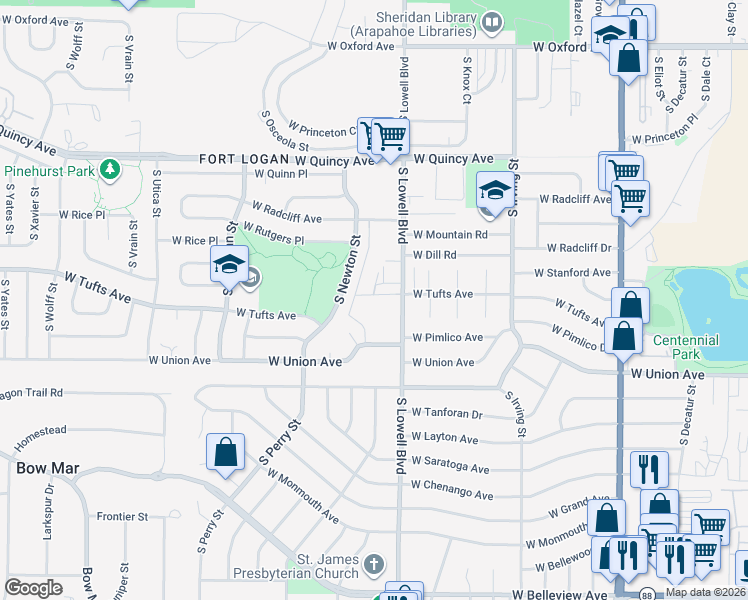 map of restaurants, bars, coffee shops, grocery stores, and more near 4593 West Tufts Avenue in Englewood