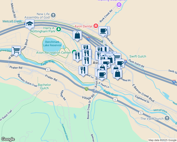 map of restaurants, bars, coffee shops, grocery stores, and more near 75 Benchmark Road in Avon