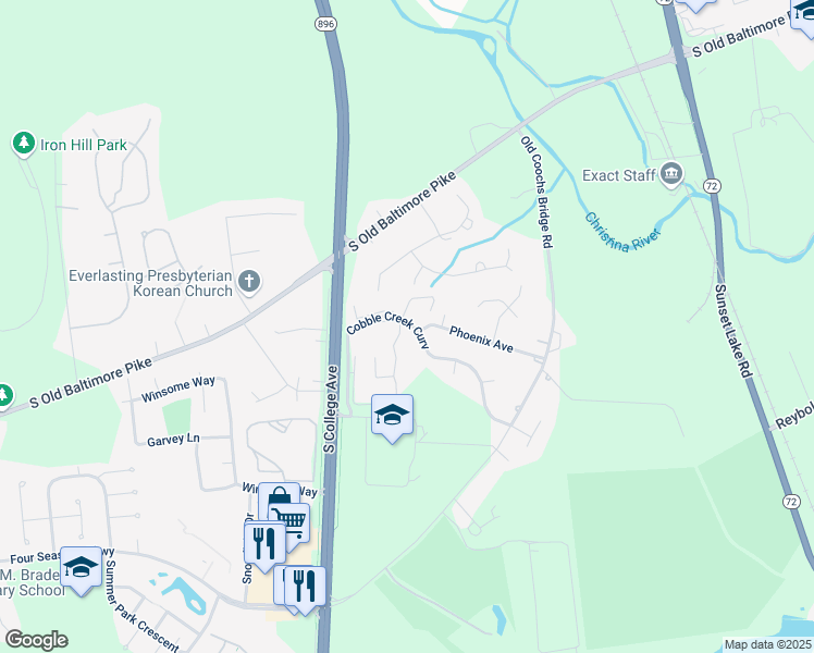 map of restaurants, bars, coffee shops, grocery stores, and more near 133-138 Cobble Creek Curve in Newark