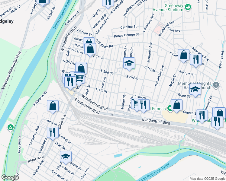 map of restaurants, bars, coffee shops, grocery stores, and more near 302 Pennsylvania Avenue in Cumberland