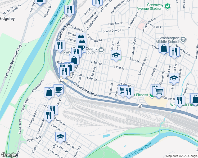 map of restaurants, bars, coffee shops, grocery stores, and more near 302 Pennsylvania Avenue in Cumberland