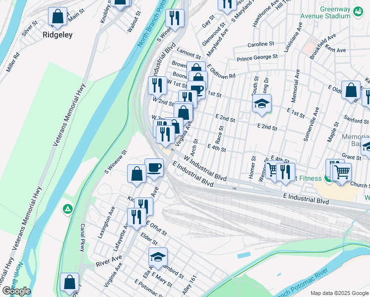 map of restaurants, bars, coffee shops, grocery stores, and more near 338 Virginia Avenue in Cumberland