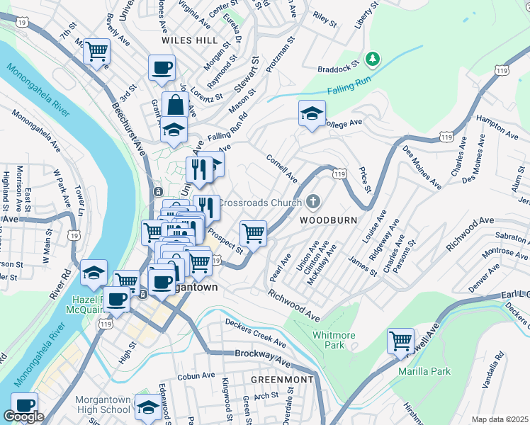 map of restaurants, bars, coffee shops, grocery stores, and more near 302 Glencoe Lane in Morgantown