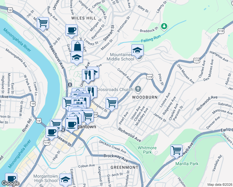 map of restaurants, bars, coffee shops, grocery stores, and more near 302 Glencoe Lane in Morgantown