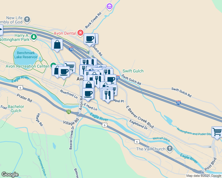 map of restaurants, bars, coffee shops, grocery stores, and more near 72 East Beaver Creek Boulevard in Avon