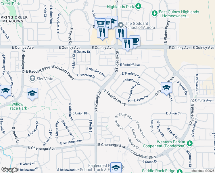 map of restaurants, bars, coffee shops, grocery stores, and more near 21663 East Stanford Circle in Aurora