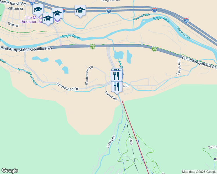 map of restaurants, bars, coffee shops, grocery stores, and more near 640 Arrowhead Drive in Edwards