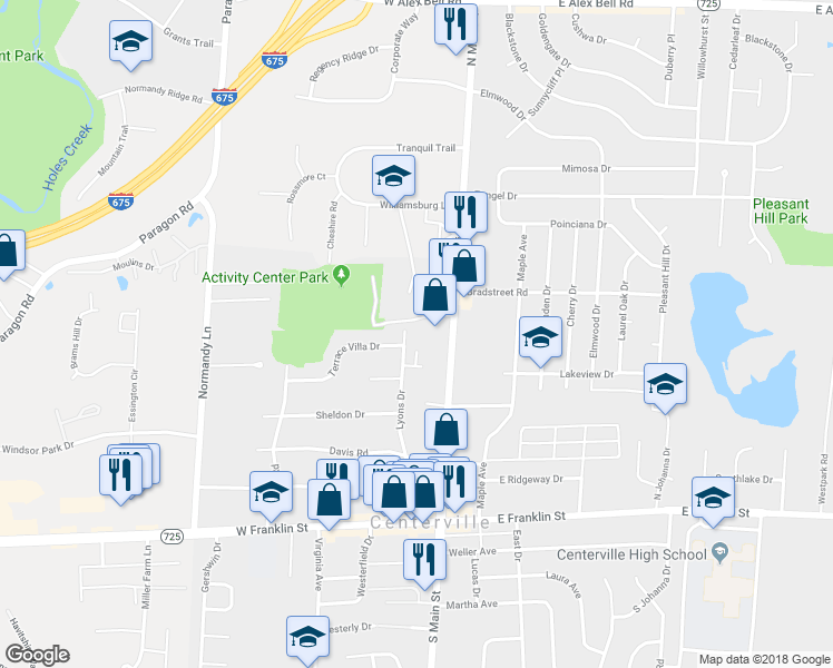 map of restaurants, bars, coffee shops, grocery stores, and more near 190 Lyons Drive in Dayton