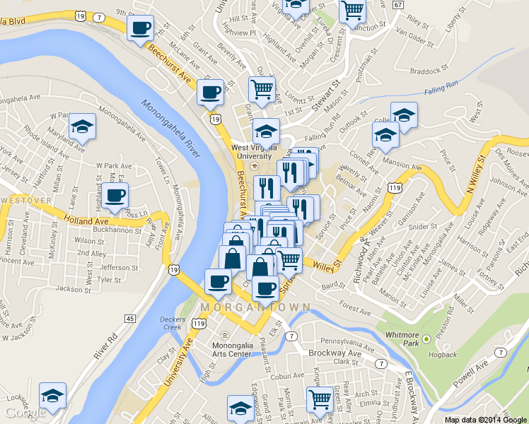 map of restaurants, bars, coffee shops, grocery stores, and more near 1501 University Avenue in Morgantown