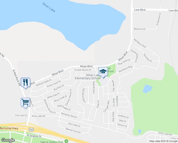 map of restaurants, bars, coffee shops, grocery stores, and more near 7632 Crystal Shores Drive in Reno