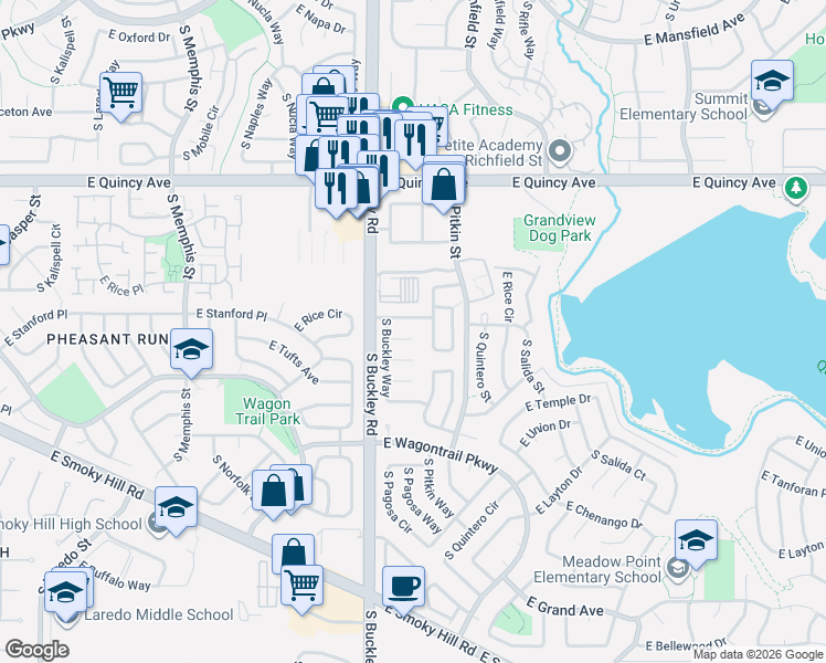 map of restaurants, bars, coffee shops, grocery stores, and more near 16951 East Stanford Avenue in Aurora