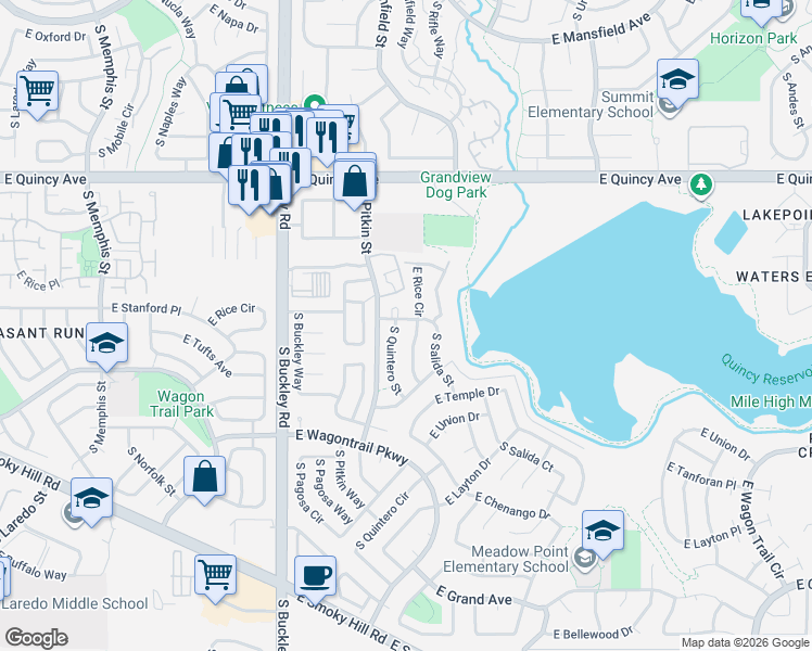 map of restaurants, bars, coffee shops, grocery stores, and more near 17151 East Stanford Avenue in Aurora
