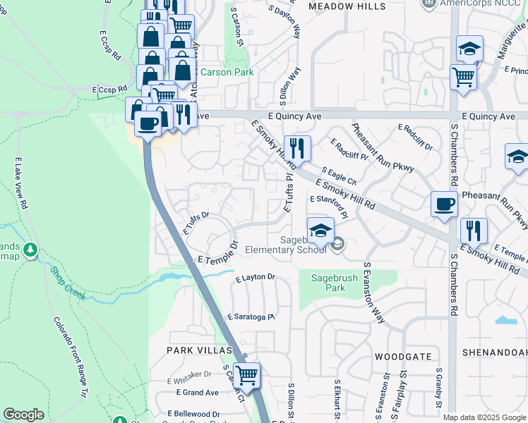 map of restaurants, bars, coffee shops, grocery stores, and more near 4552C South Crystal Way in Aurora