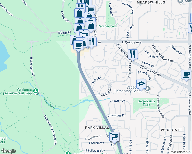 map of restaurants, bars, coffee shops, grocery stores, and more near 13922 East Stanford Circle in Aurora