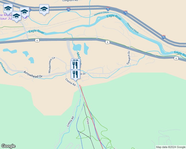map of restaurants, bars, coffee shops, grocery stores, and more near 121 Wildflower Place in Edwards