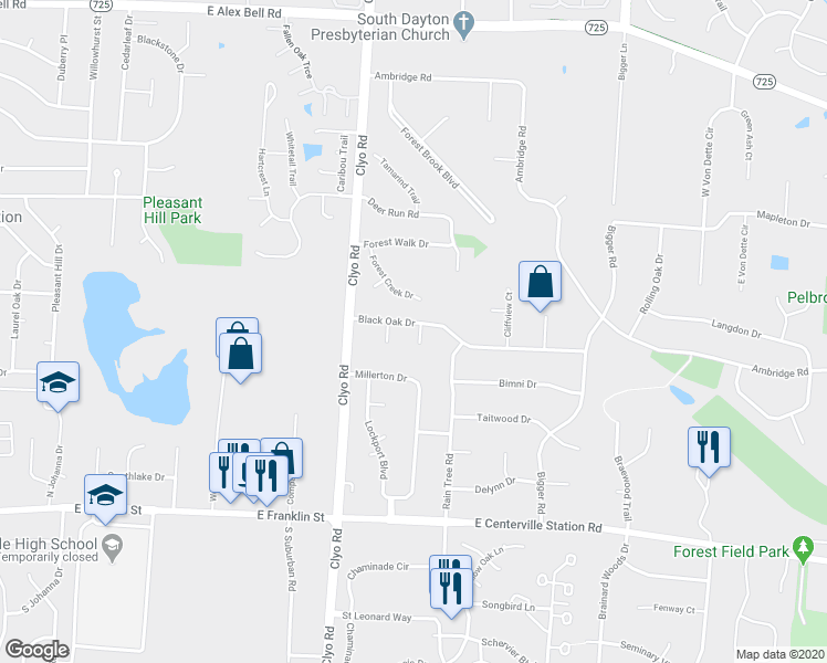 map of restaurants, bars, coffee shops, grocery stores, and more near 1250 Black Oak Drive in Dayton