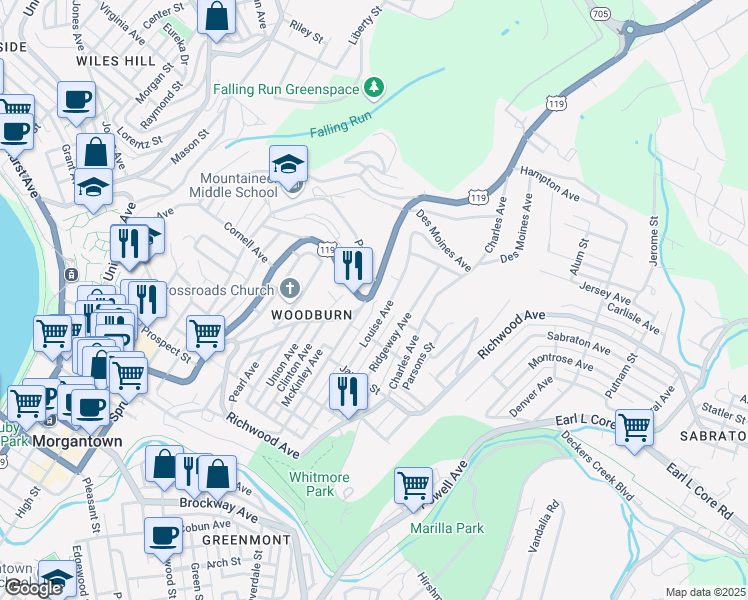 map of restaurants, bars, coffee shops, grocery stores, and more near 1021 Louise Avenue in Morgantown