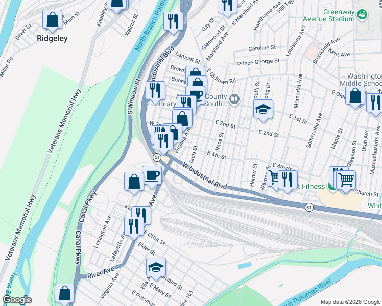 map of restaurants, bars, coffee shops, grocery stores, and more near 338 Virginia Avenue in Cumberland