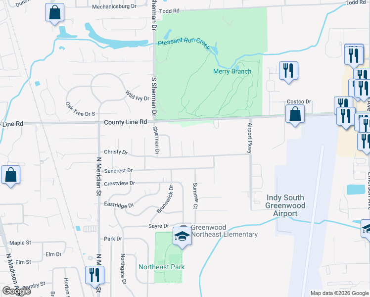 map of restaurants, bars, coffee shops, grocery stores, and more near 1164 Charles Lee Court in Greenwood