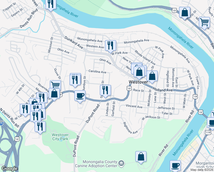map of restaurants, bars, coffee shops, grocery stores, and more near 115-131 Parkview Dr in Westover