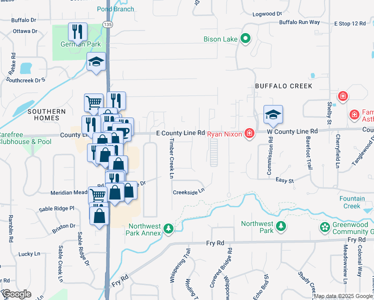 map of restaurants, bars, coffee shops, grocery stores, and more near 1283 Stonehedge East Drive in Greenwood