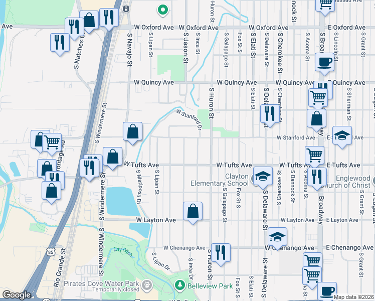 map of restaurants, bars, coffee shops, grocery stores, and more near 4511 South Jason Street in Englewood