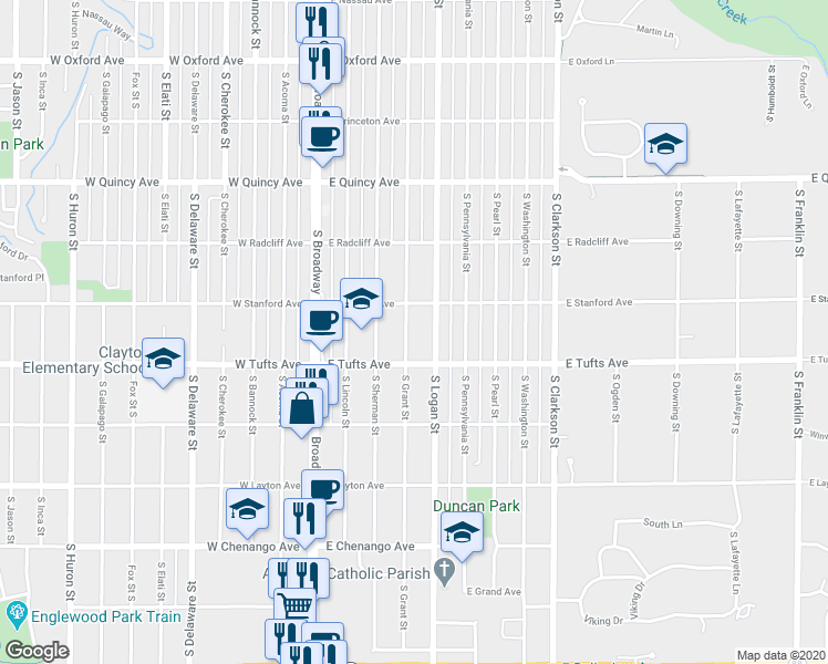 map of restaurants, bars, coffee shops, grocery stores, and more near 4515 South Logan Street in Englewood