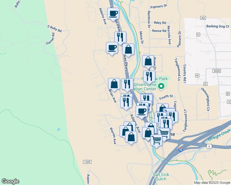 map of restaurants, bars, coffee shops, grocery stores, and more near 550 Adams Avenue in Silverthorne