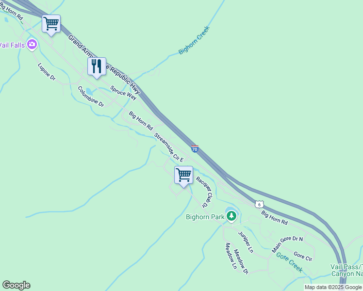 map of restaurants, bars, coffee shops, grocery stores, and more near US Highway 6 in Vail