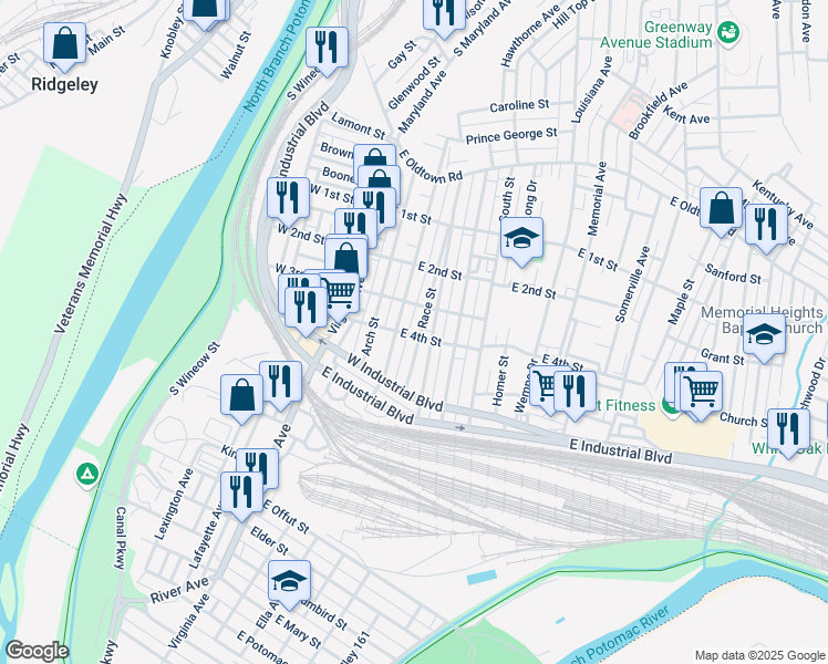 map of restaurants, bars, coffee shops, grocery stores, and more near 308 Race Street in Cumberland