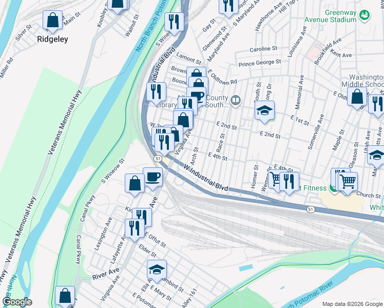 map of restaurants, bars, coffee shops, grocery stores, and more near 338 Virginia Avenue in Cumberland