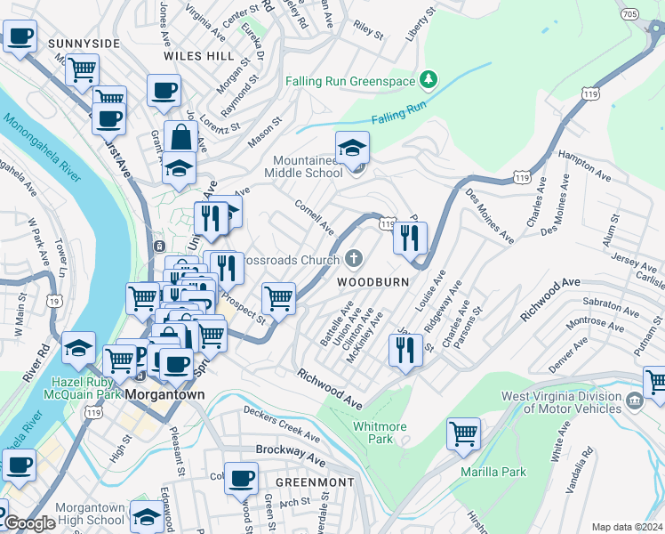 map of restaurants, bars, coffee shops, grocery stores, and more near 820 Naomi Street in Morgantown