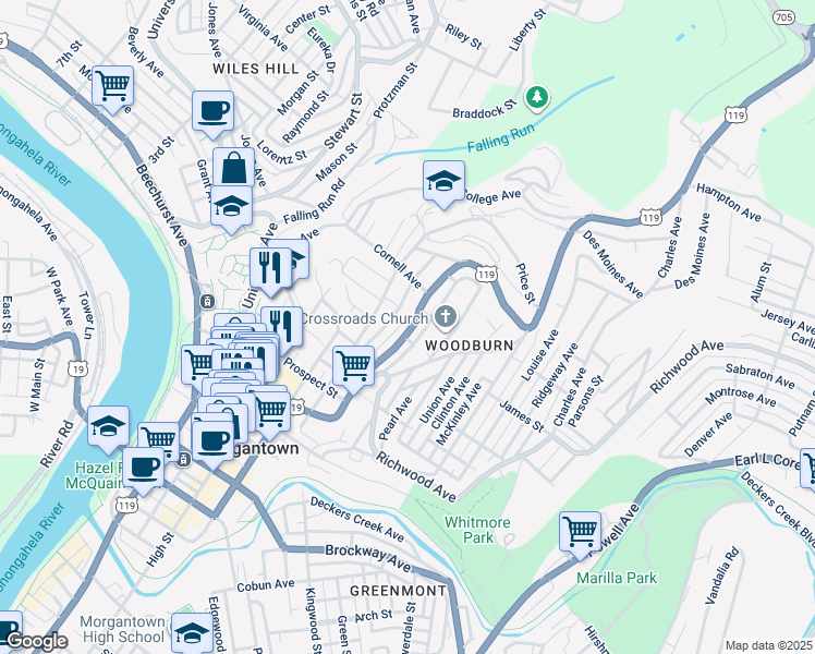 map of restaurants, bars, coffee shops, grocery stores, and more near 820 Naomi Street in Morgantown