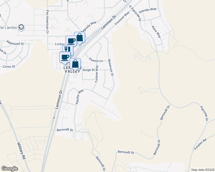 map of restaurants, bars, coffee shops, grocery stores, and more near 8915 Artesian Way in Reno