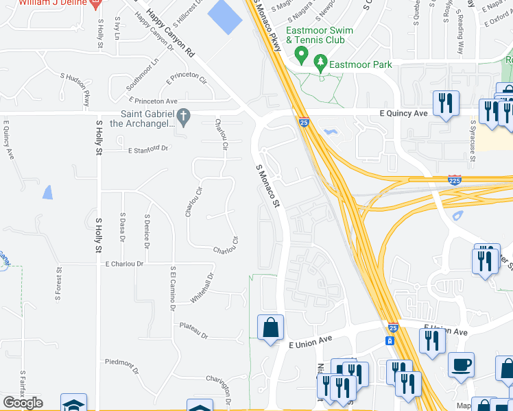 map of restaurants, bars, coffee shops, grocery stores, and more near 66 Charlou Circle in Cherry Hills Village