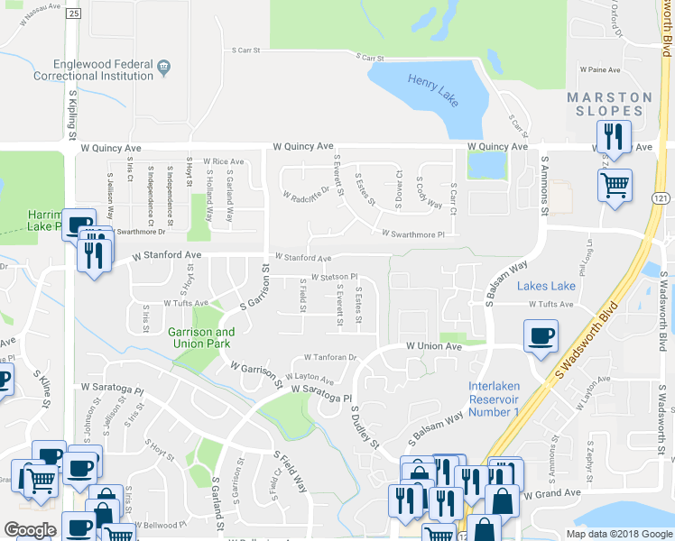 map of restaurants, bars, coffee shops, grocery stores, and more near 8903 West Stetson Place in Littleton