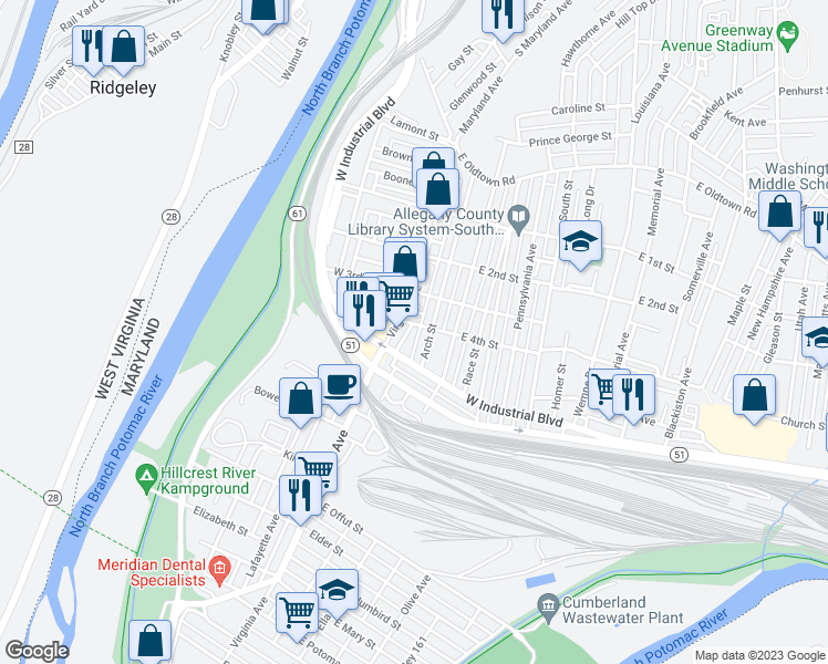 map of restaurants, bars, coffee shops, grocery stores, and more near 402 York Place in Cumberland