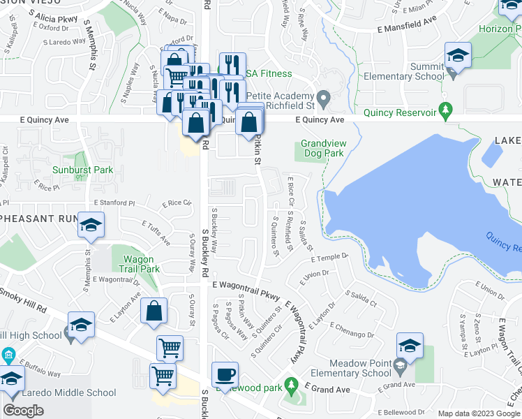 map of restaurants, bars, coffee shops, grocery stores, and more near 4489 South Pagosa Circle in Aurora